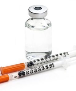 Vial of compounder semaglutide, the active ingredient of Ozempic accompanied by two insulin syringes for administration