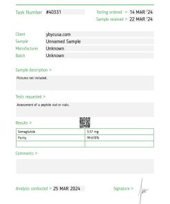 Third-party test result or Certificate of Analysis (COA) from Janoshik Analytical for 5mg semaglutide indicating 99.63% purity and a weight of 5.5mg