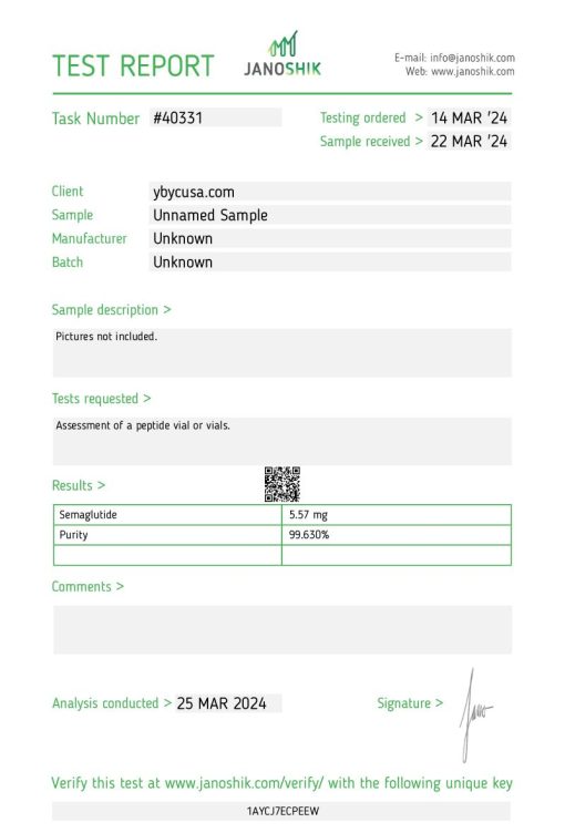 Third-party test result or Certificate of Analysis (COA) from Janoshik Analytical for 5mg semaglutide indicating 99.63% purity and a weight of 5.5mg