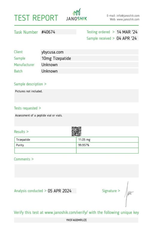 Third-party test result or Certificate of Analysis (COA) from Janoshik for 10mg tirzepatide indicating 99.95% purity and a weight of 11mg