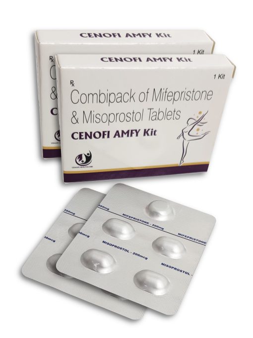 Two Cardboard pack and sachet of medical abortion kit each pack comprising one mifepristone and four misoprostol